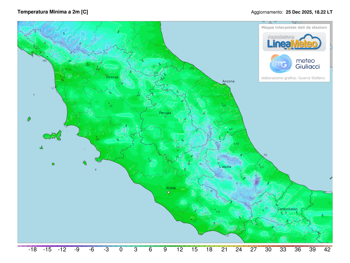 Temperature minime registrate oggi sulle regioni del centro