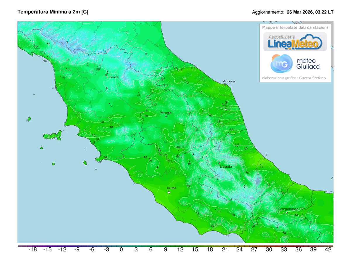 Temperature minime registrate oggi sulle regioni del centro