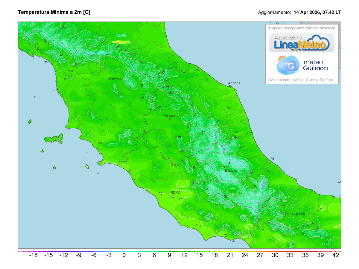 Temperature minime registrate oggi sulle regioni del centro