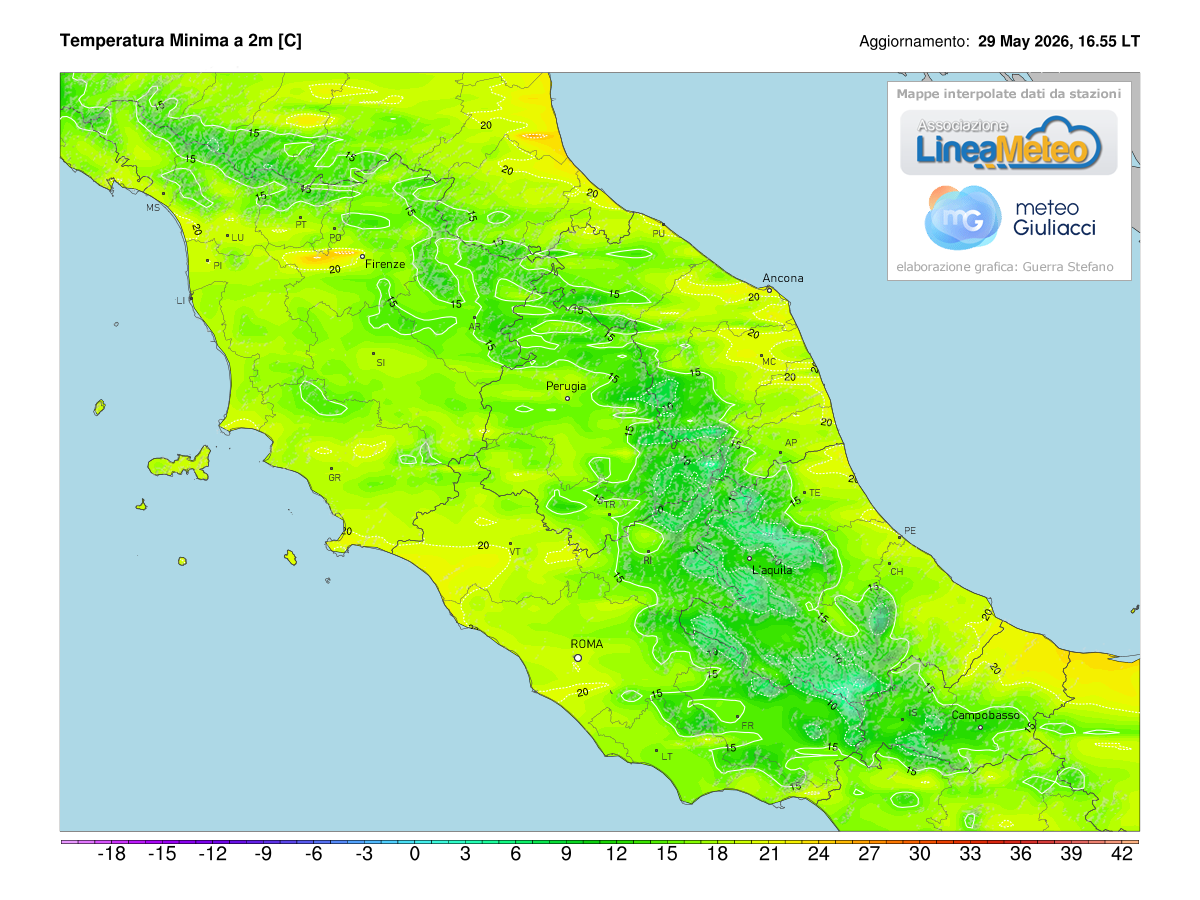 Temperature minime registrate oggi sulle regioni del centro