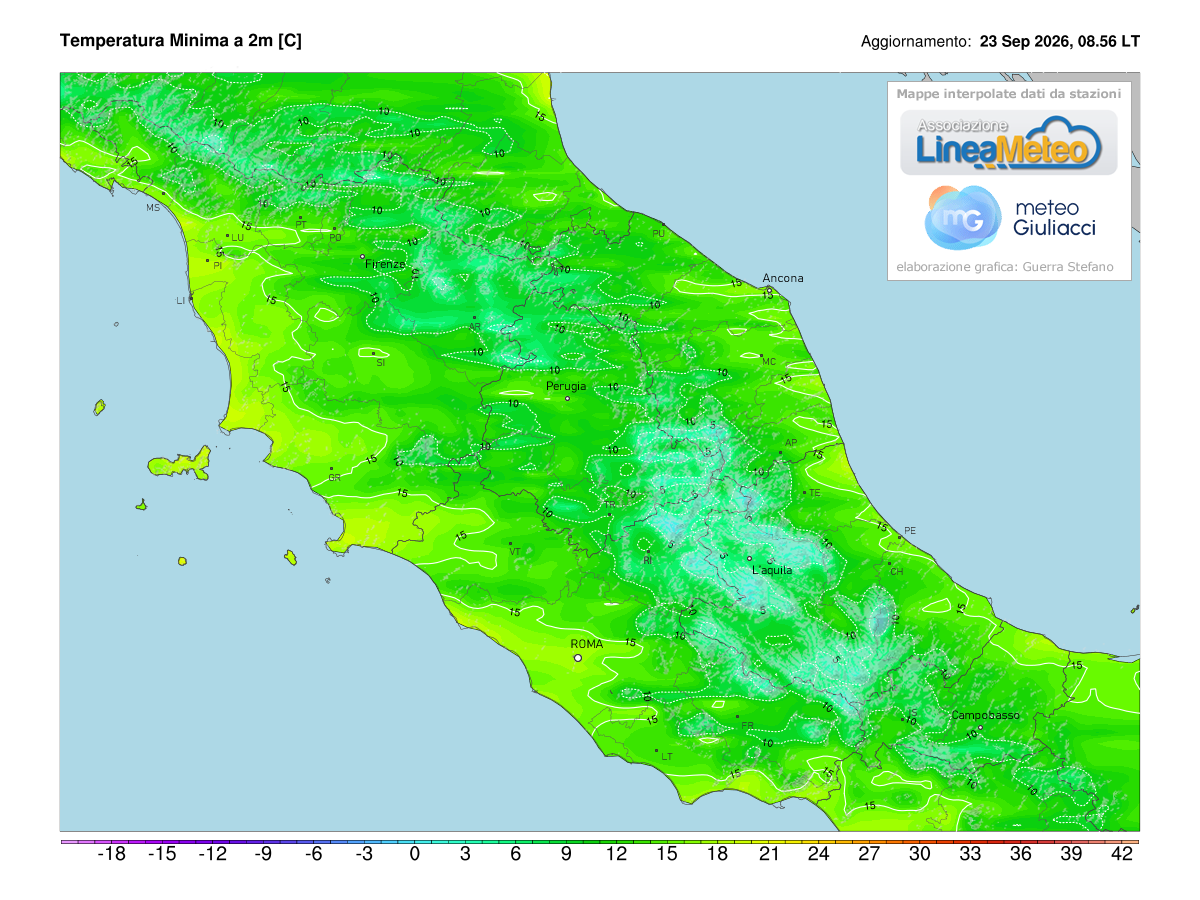 Temperature minime registrate oggi sulle regioni del centro