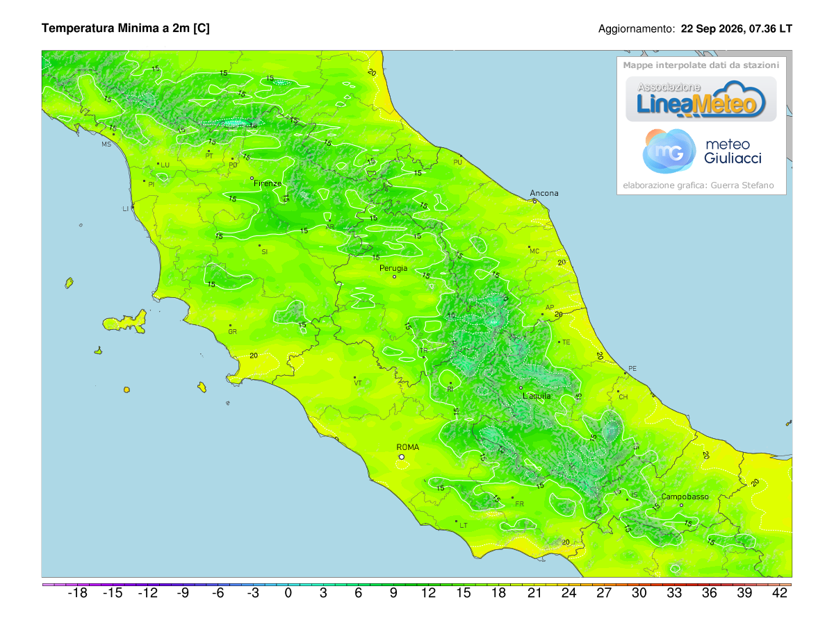 Temperature minime registrate oggi sulle regioni del centro