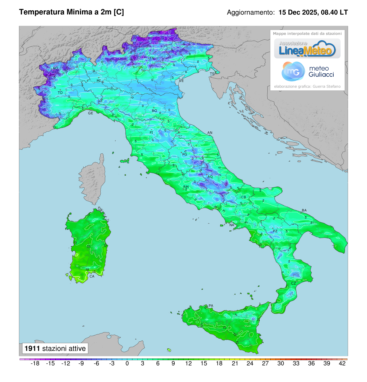 Temperature minime registrate oggi in Italia