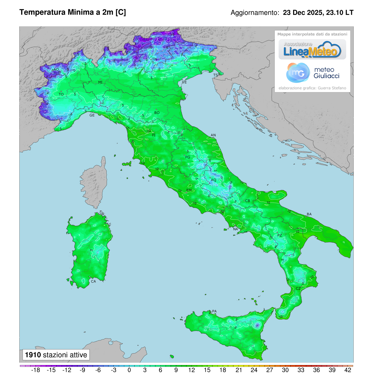 Temperature minime registrate oggi in Italia