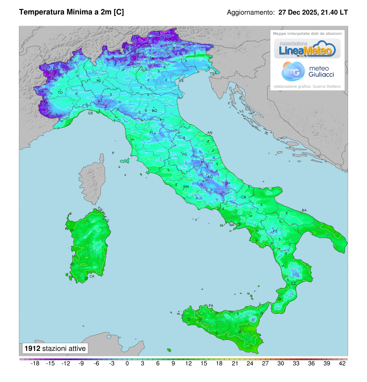 Temperature minime registrate oggi in Italia