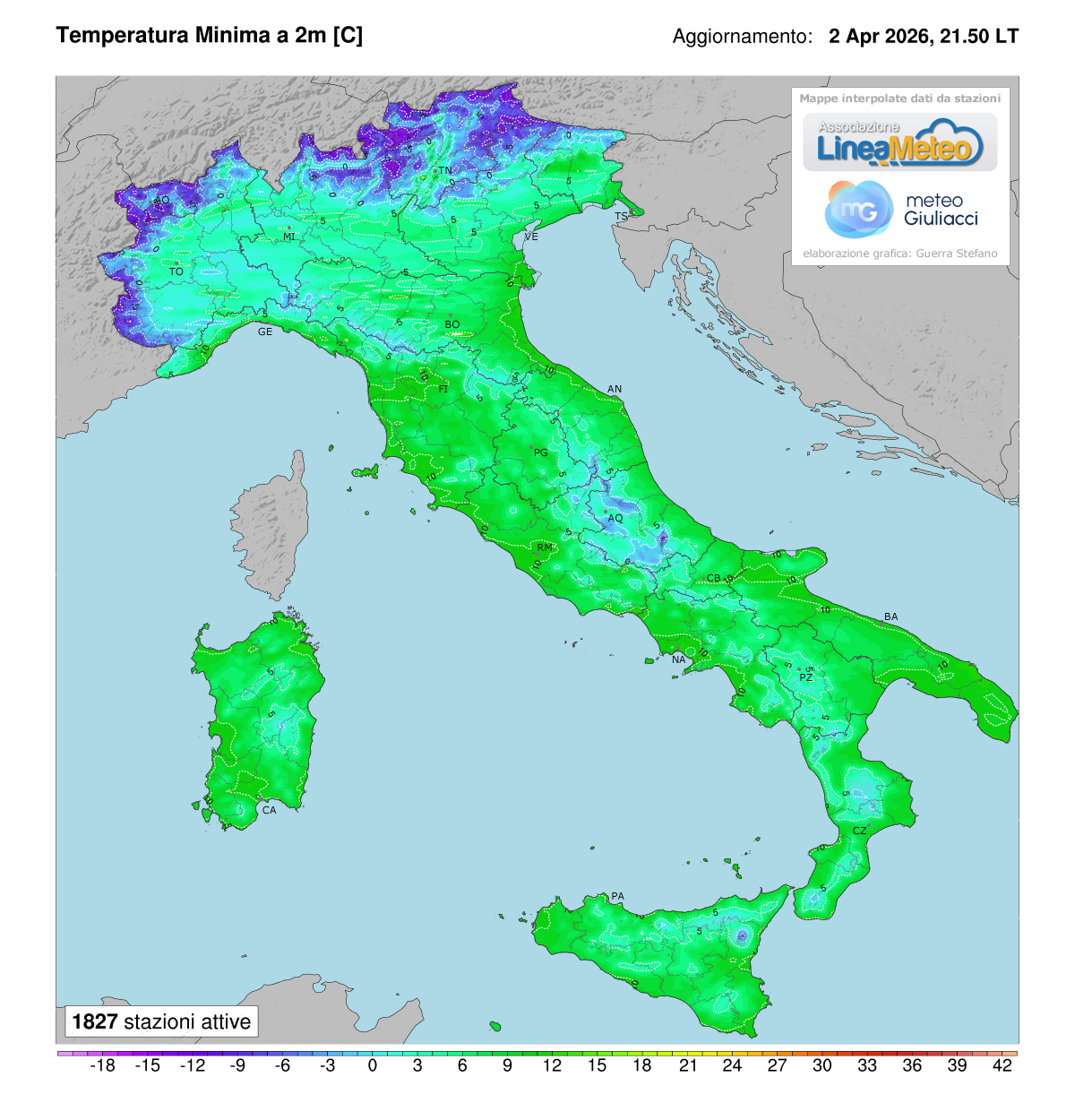 Temperature minime registrate oggi in Italia