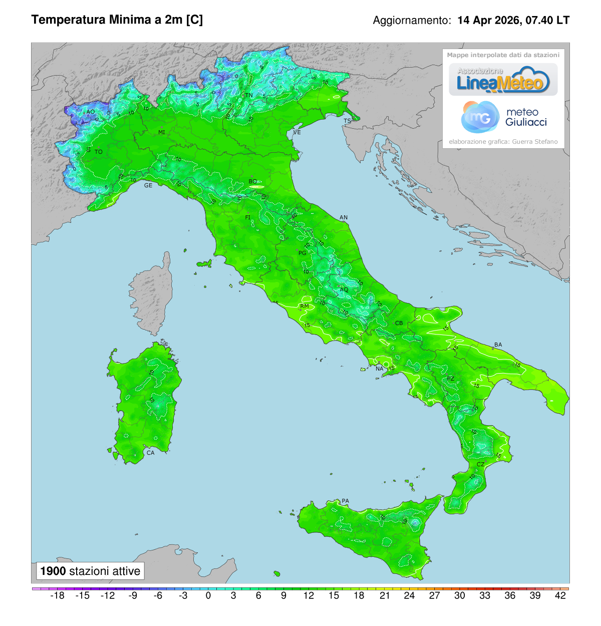 Temperature minime registrate oggi in Italia