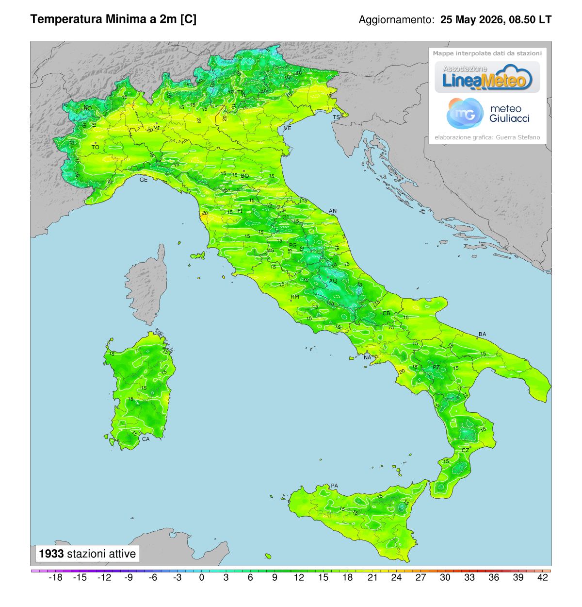 Temperature minime registrate oggi in Italia