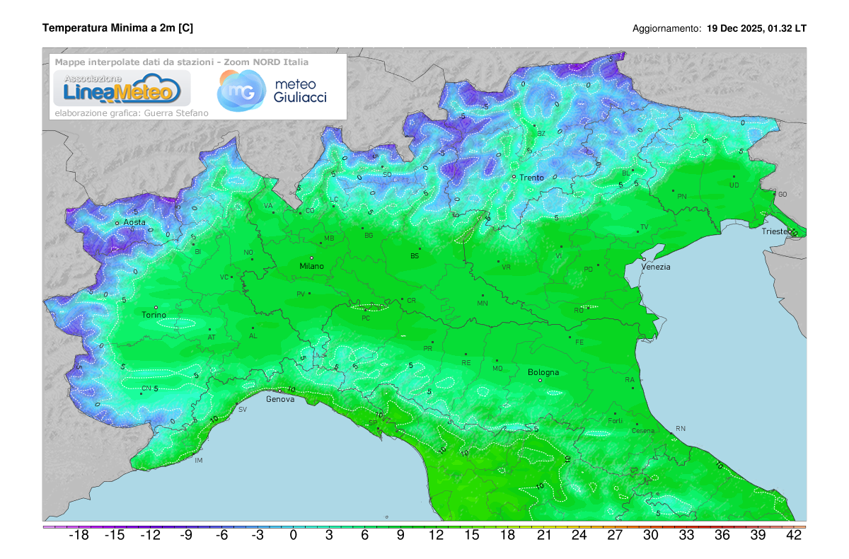 Temperature minime registrate oggi sulle regioni del nord