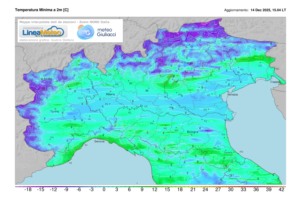 Temperature minime registrate oggi sulle regioni del nord