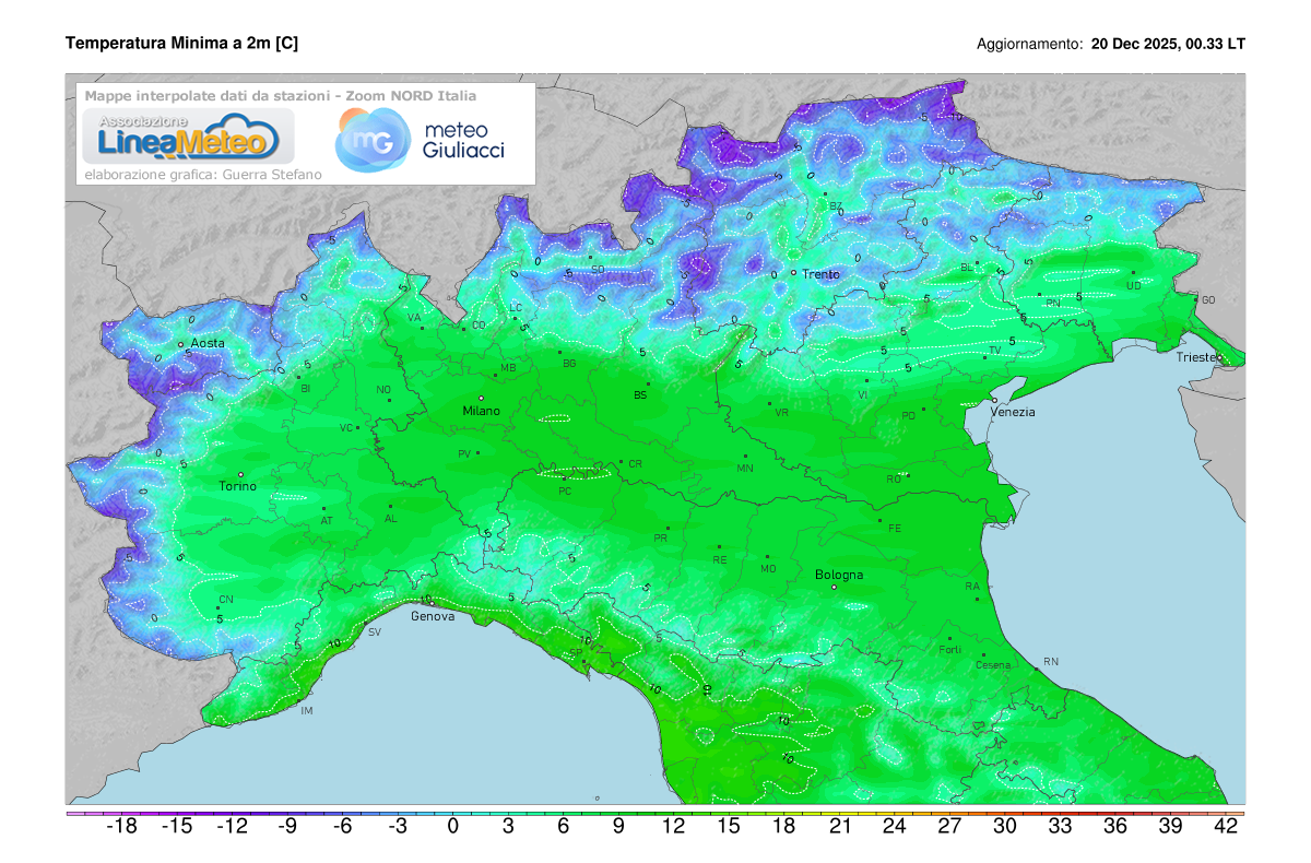 Temperature minime registrate oggi sulle regioni del nord