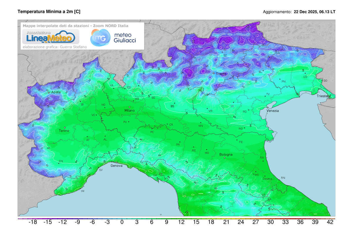 Temperature minime registrate oggi sulle regioni del nord