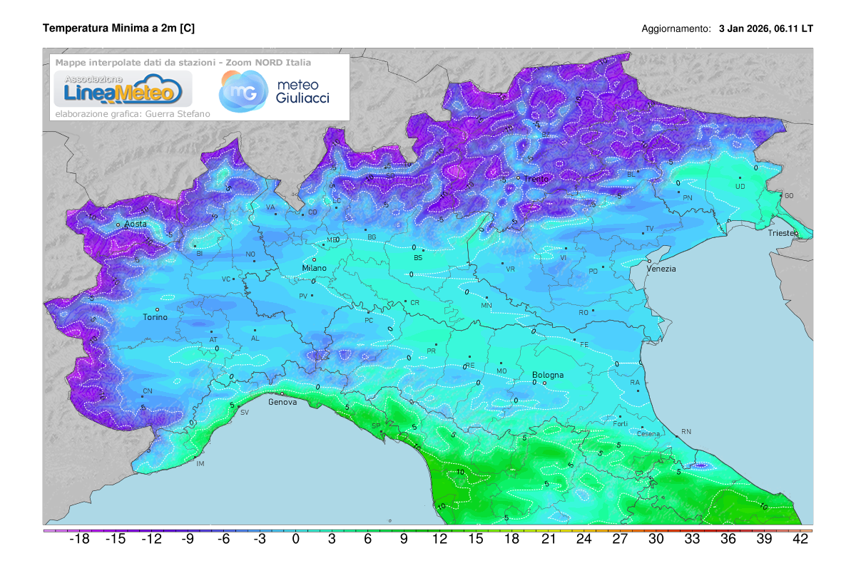 Temperature minime registrate oggi sulle regioni del nord