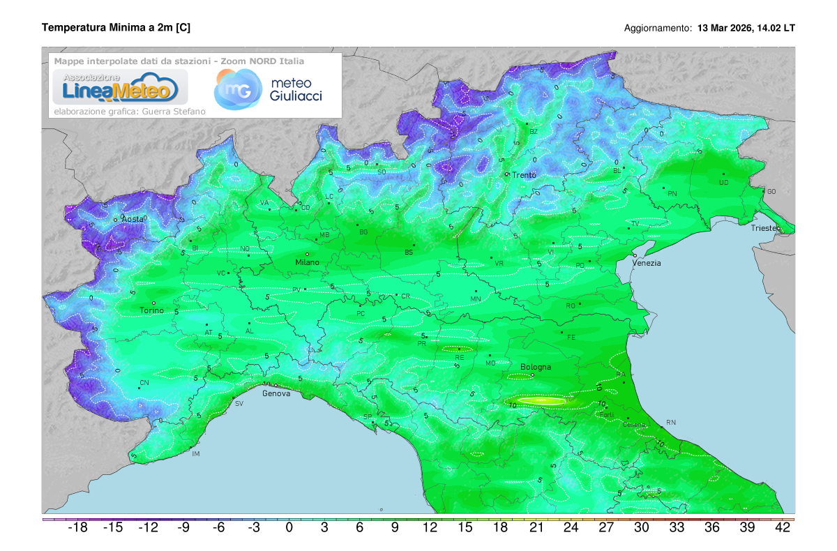 Temperature minime registrate oggi sulle regioni del nord