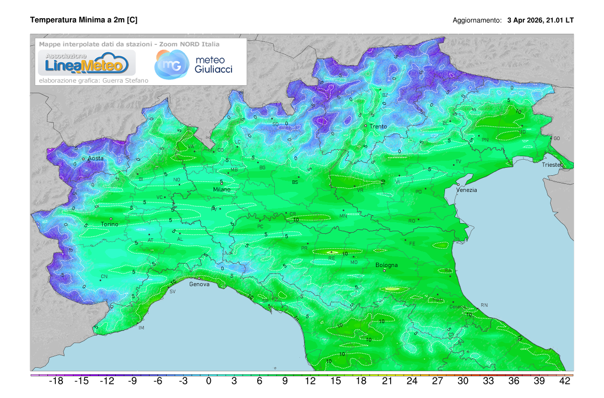 Temperature minime registrate oggi sulle regioni del nord
