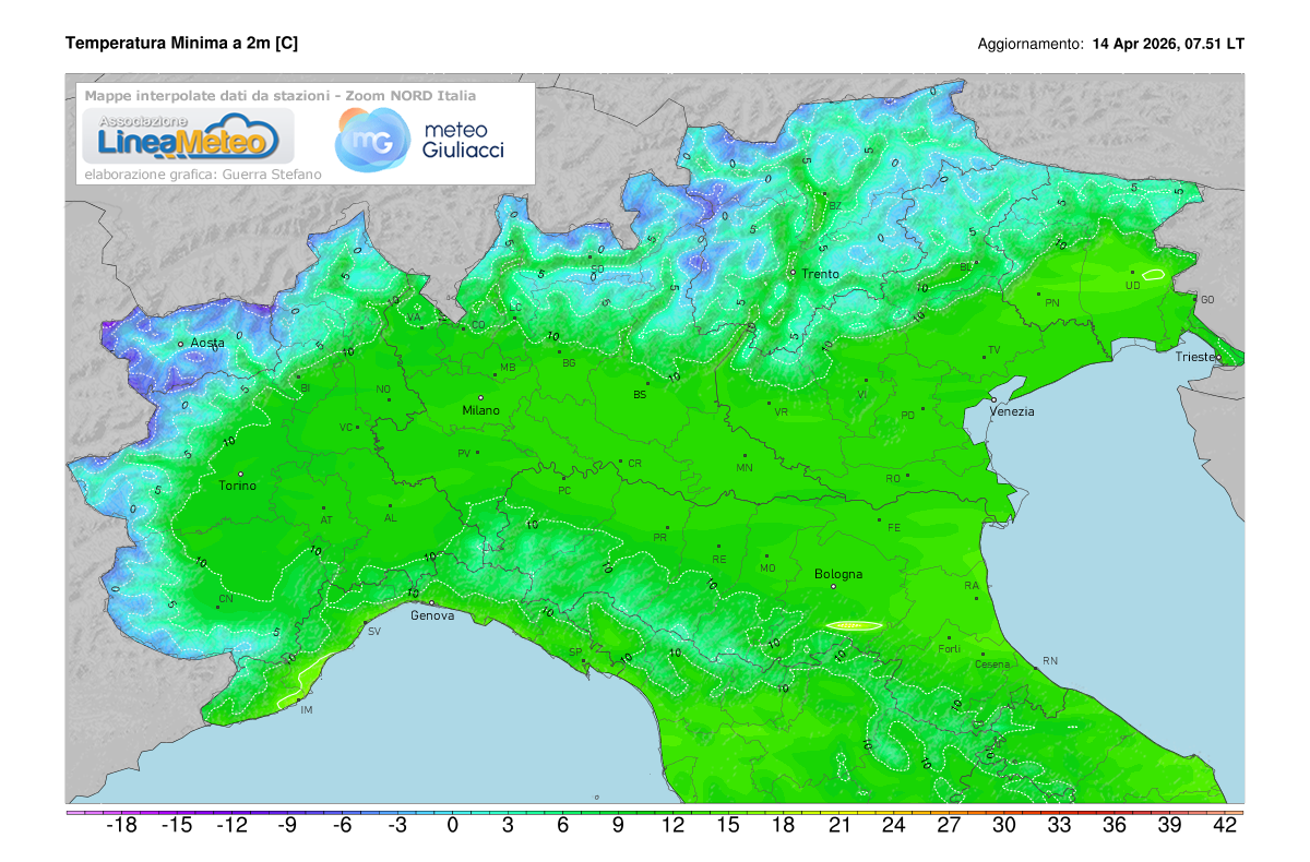 Temperature minime registrate oggi sulle regioni del nord