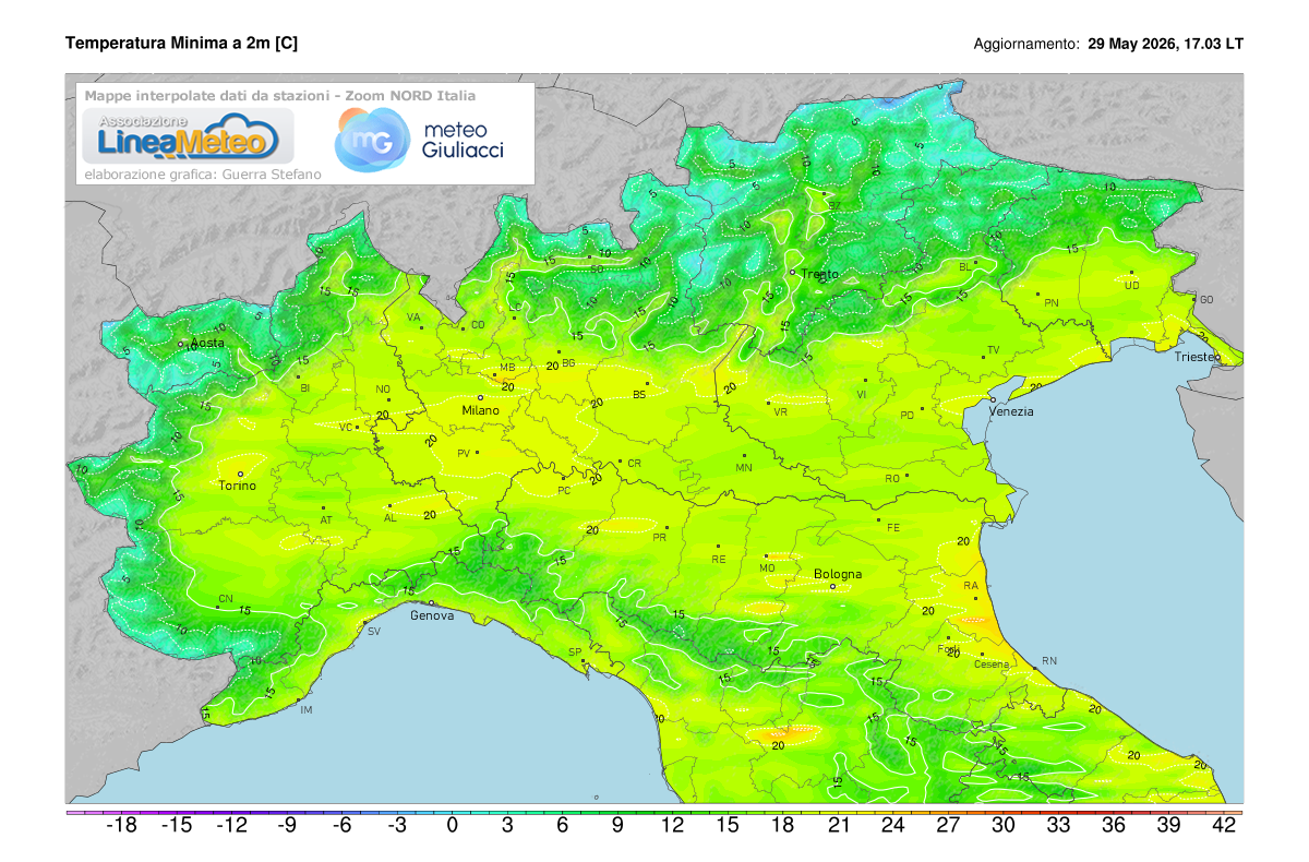 Temperature minime registrate oggi sulle regioni del nord