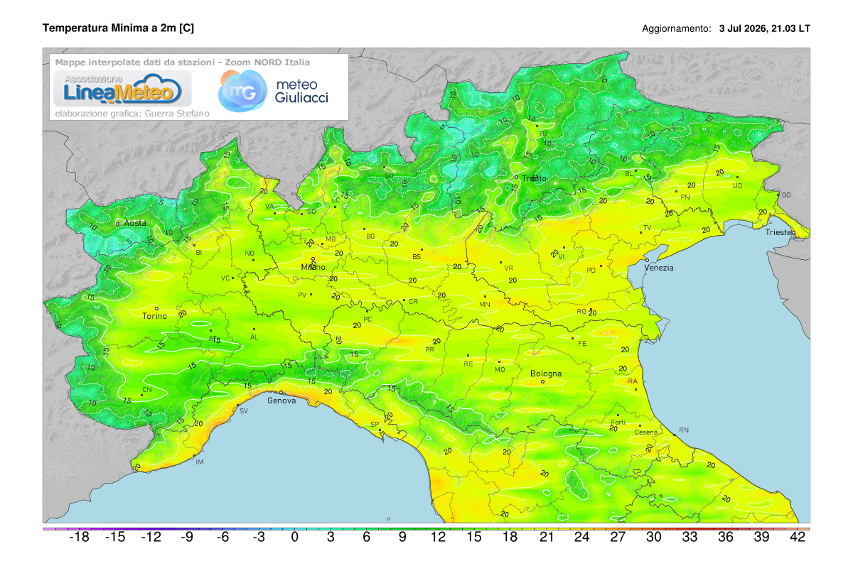 Temperature minime registrate oggi sulle regioni del nord