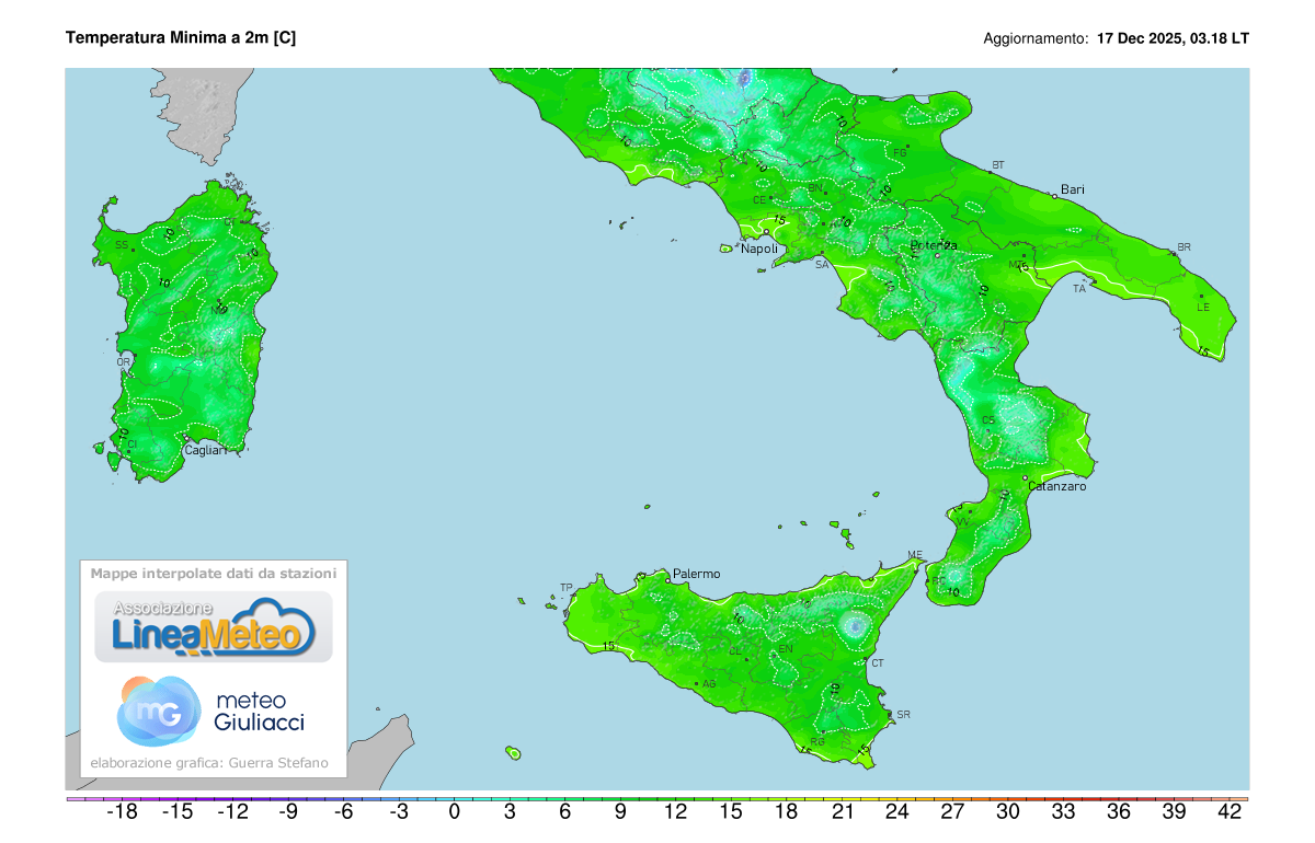 Temperature minime registrate oggi sulle regioni del sud