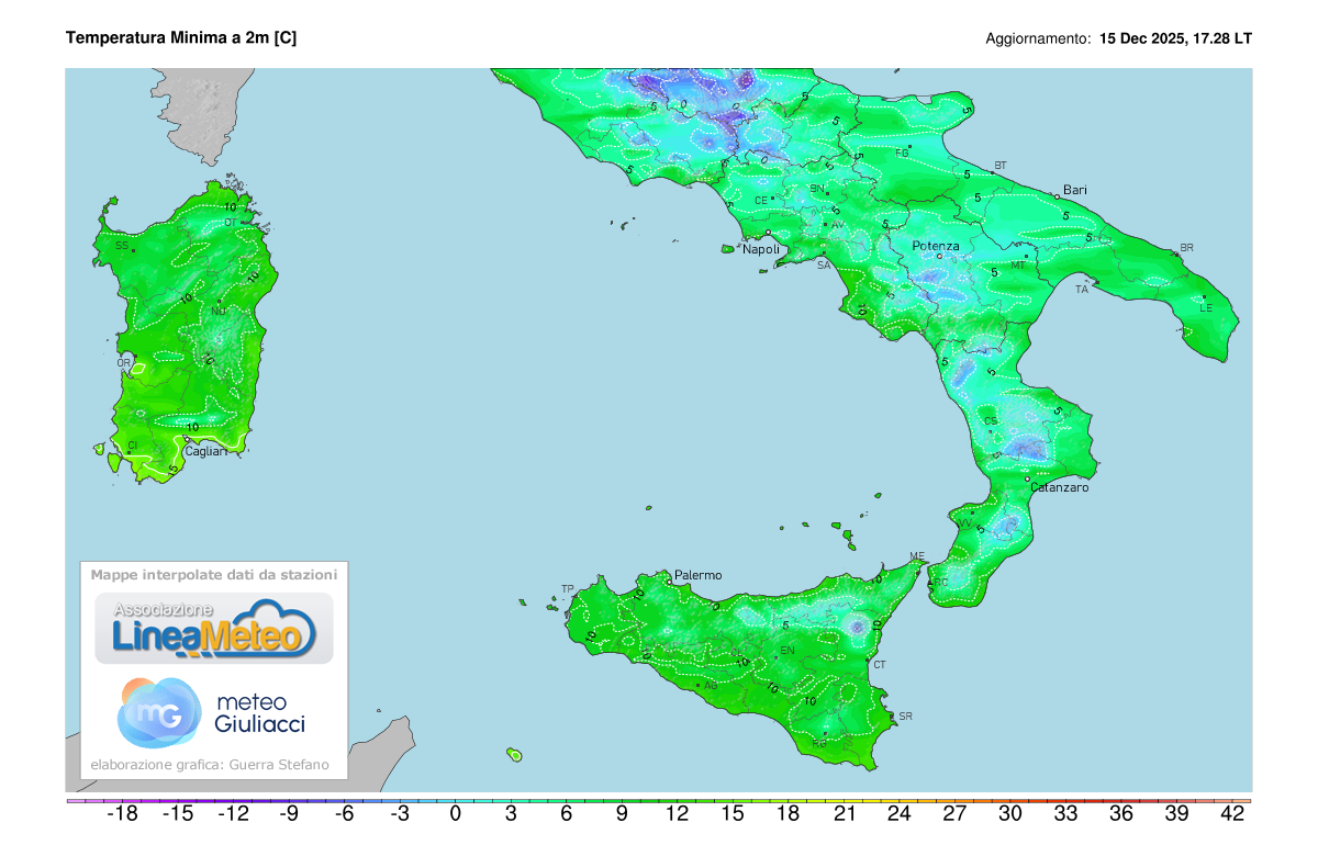 Temperature minime registrate oggi sulle regioni del sud