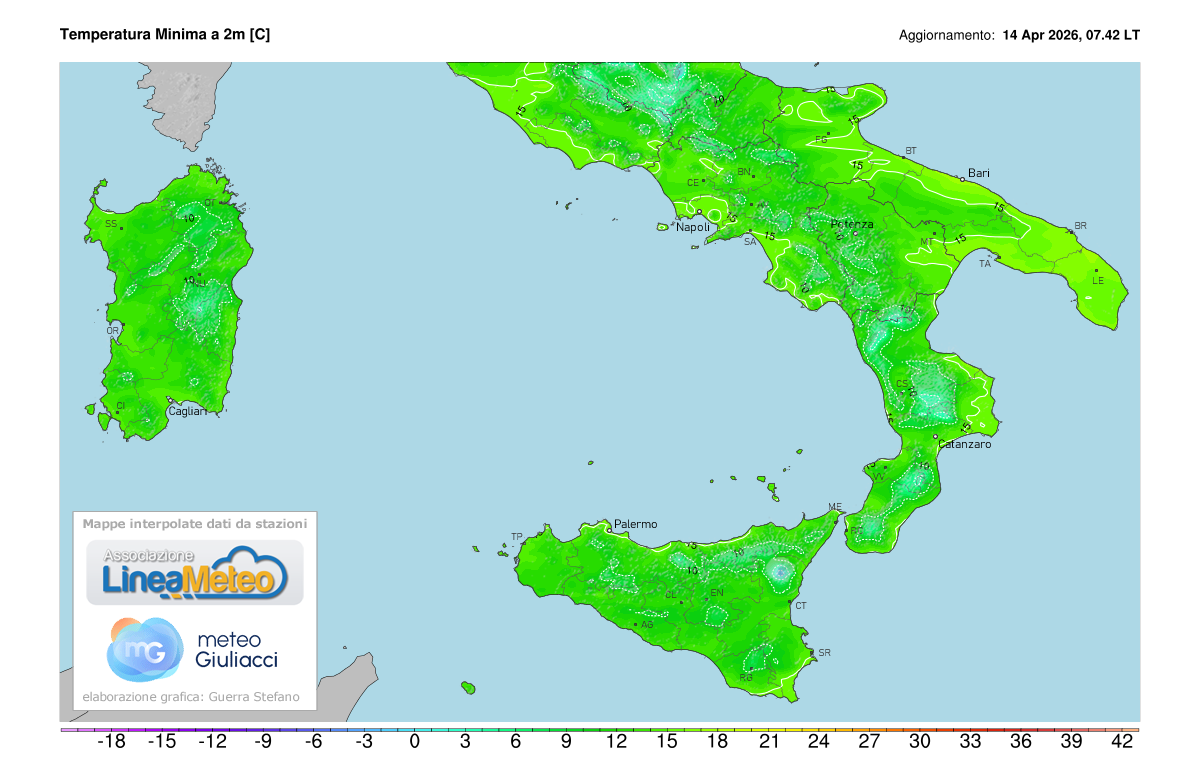 Temperature minime registrate oggi sulle regioni del sud