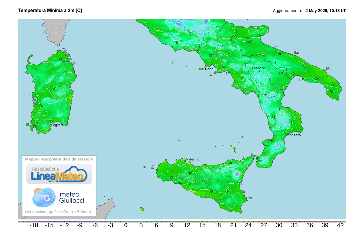 Temperature minime registrate oggi sulle regioni del sud