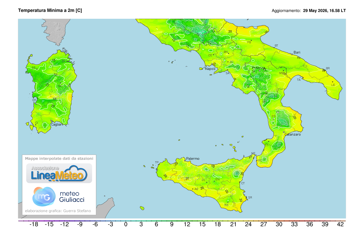 Temperature minime registrate oggi sulle regioni del sud