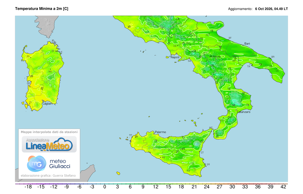 Temperature minime registrate oggi sulle regioni del sud