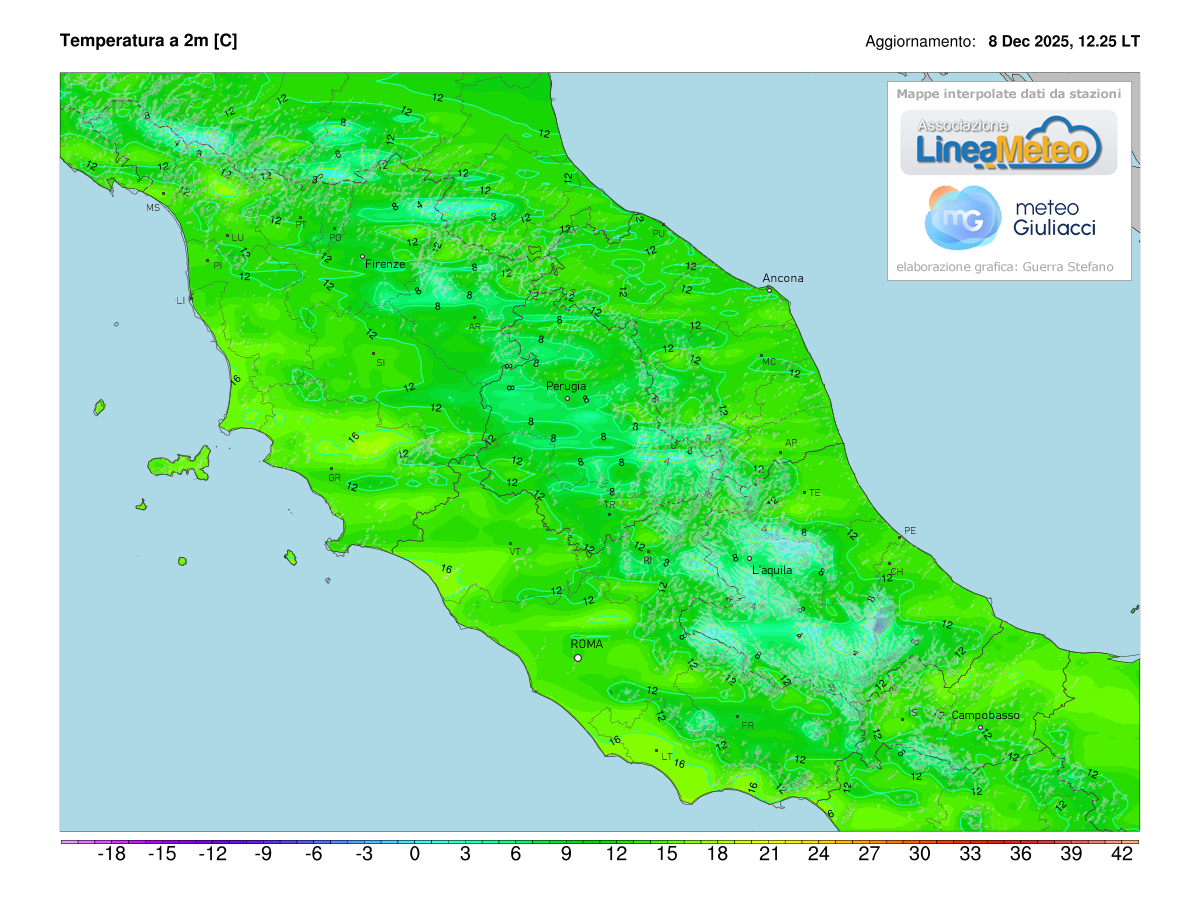 Temperature realtime al suolo 2 metri sulle regioni del centro