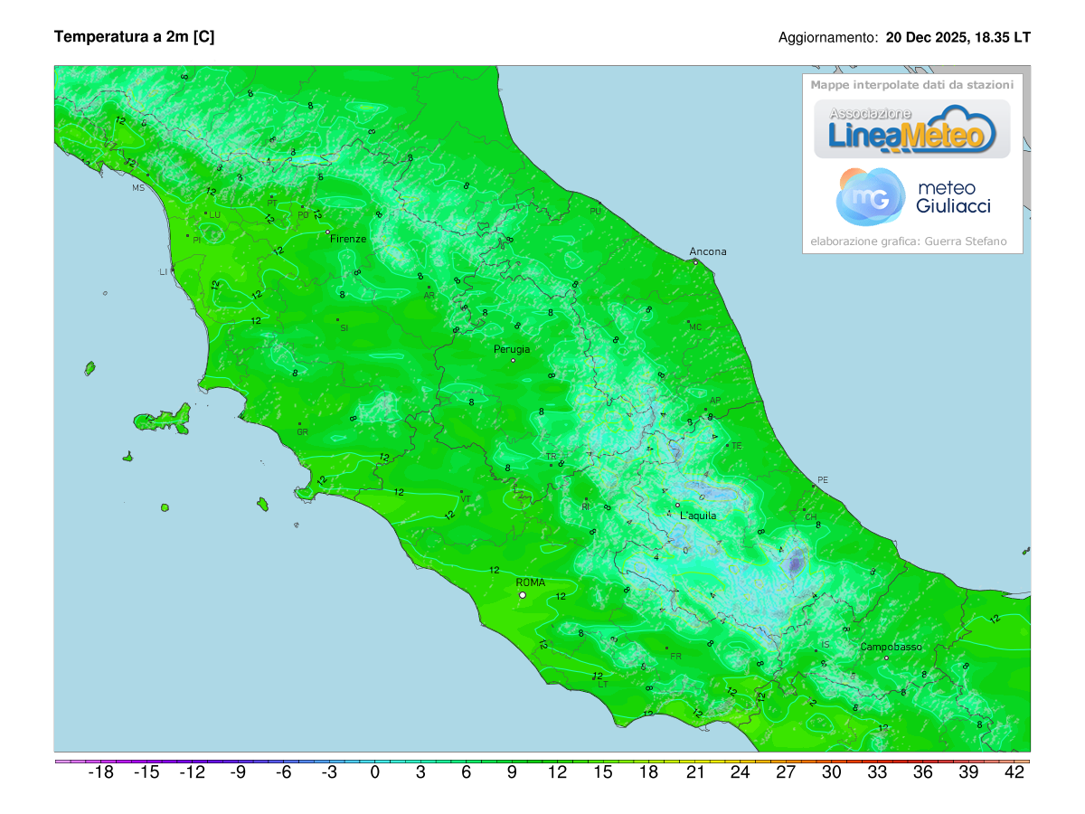 Temperature realtime al suolo 2 metri sulle regioni del centro