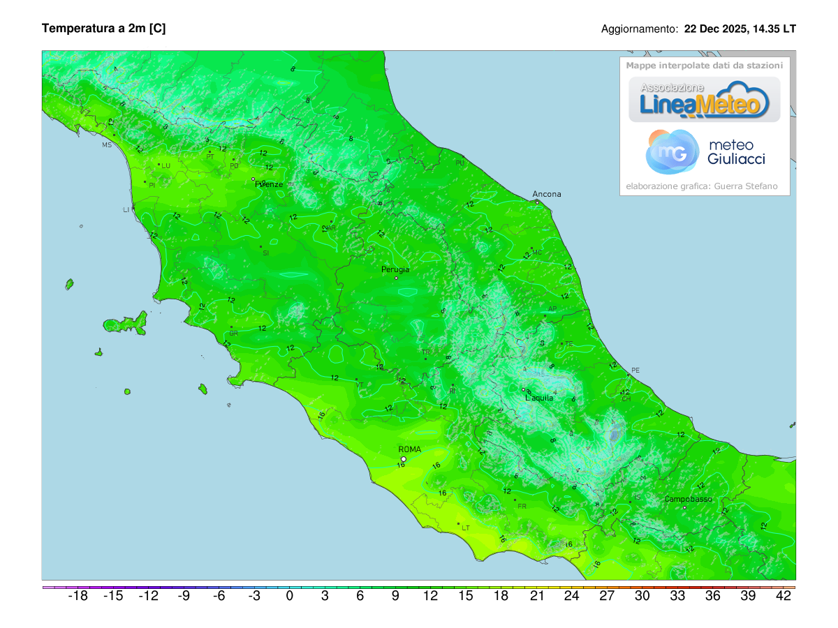 Temperature realtime al suolo 2 metri sulle regioni del centro