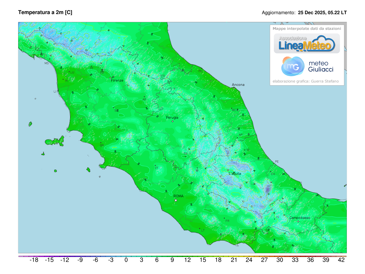 Temperature realtime al suolo 2 metri sulle regioni del centro