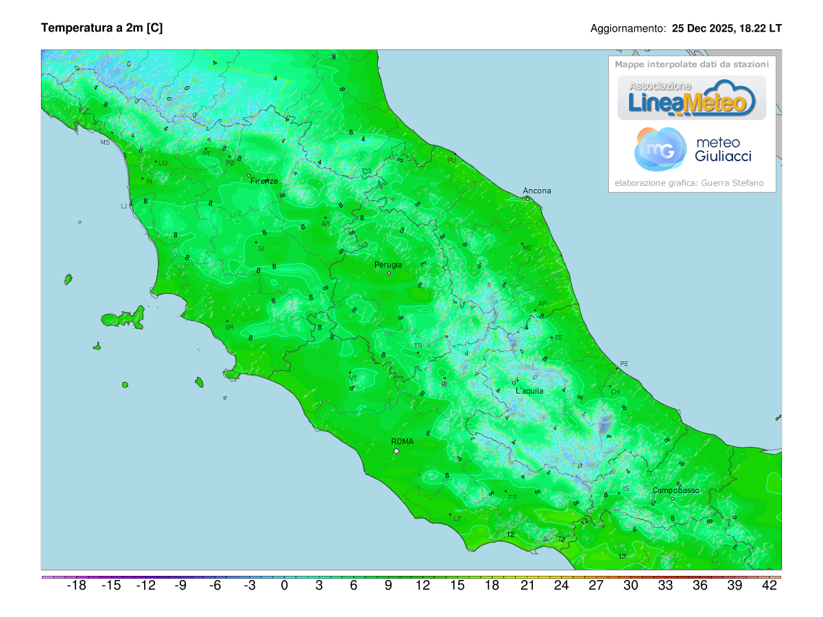 Temperature realtime al suolo 2 metri sulle regioni del centro