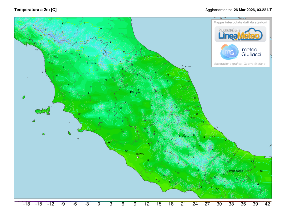 Temperature realtime al suolo 2 metri sulle regioni del centro