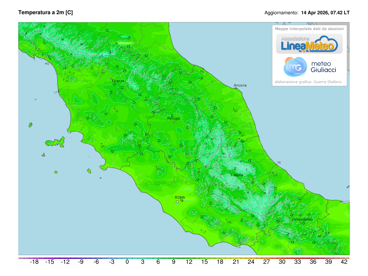 Temperature realtime al suolo 2 metri sulle regioni del centro