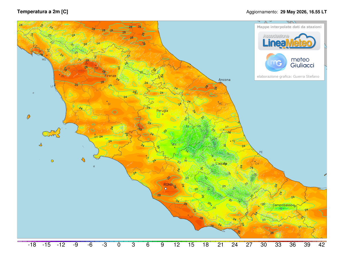 Temperature realtime al suolo 2 metri sulle regioni del centro
