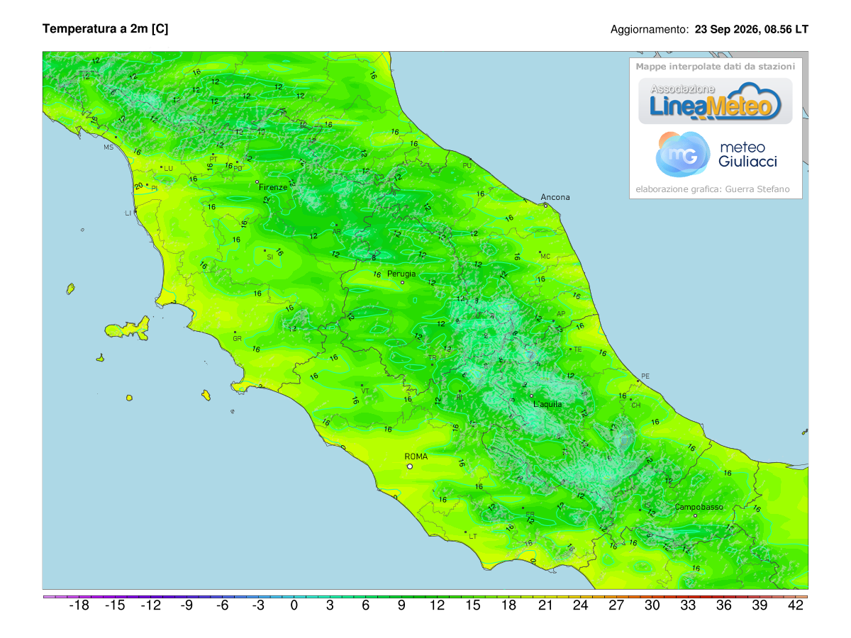 Temperature realtime al suolo 2 metri sulle regioni del centro