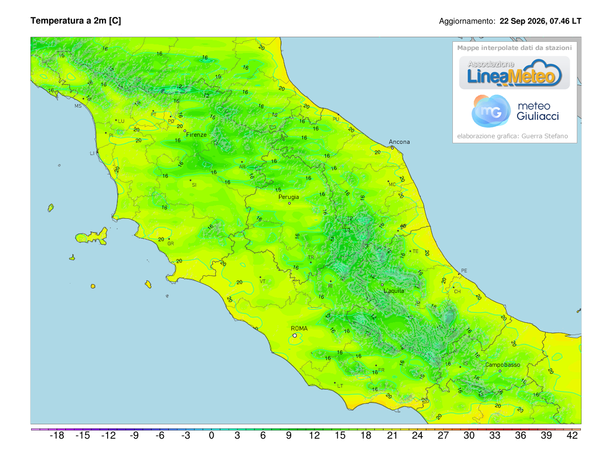 Temperature realtime al suolo 2 metri sulle regioni del centro