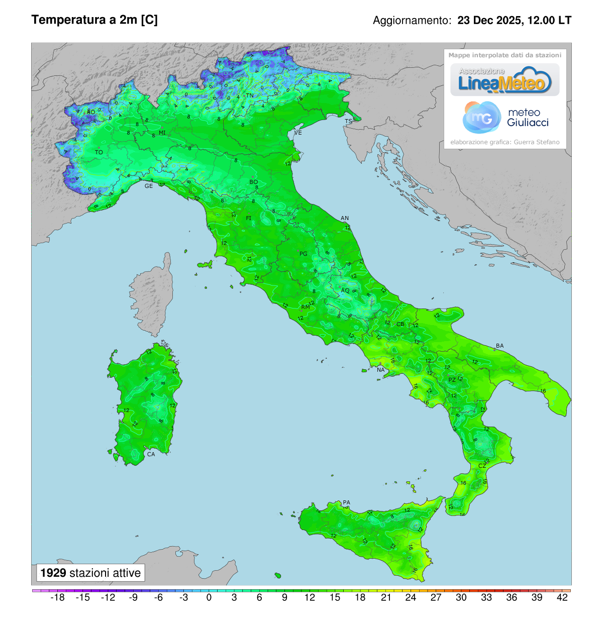 Temperature realtime al suolo 2 metri in Italia