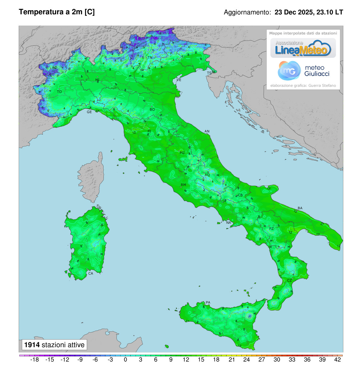 Temperature realtime al suolo 2 metri in Italia
