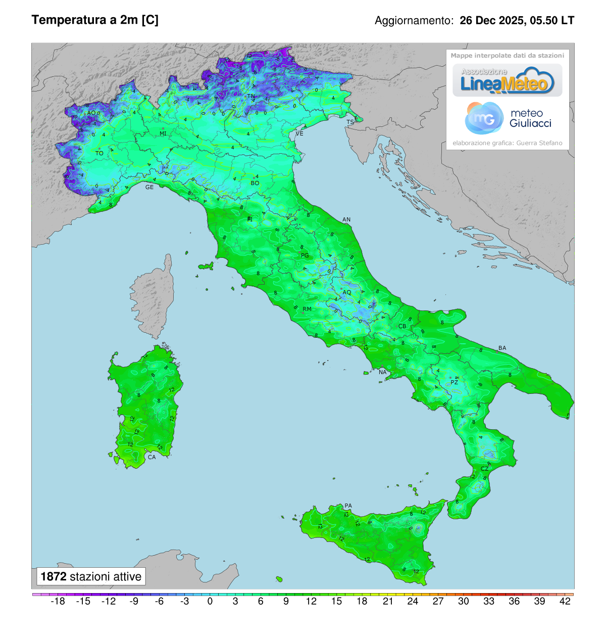 Temperature realtime al suolo 2 metri in Italia