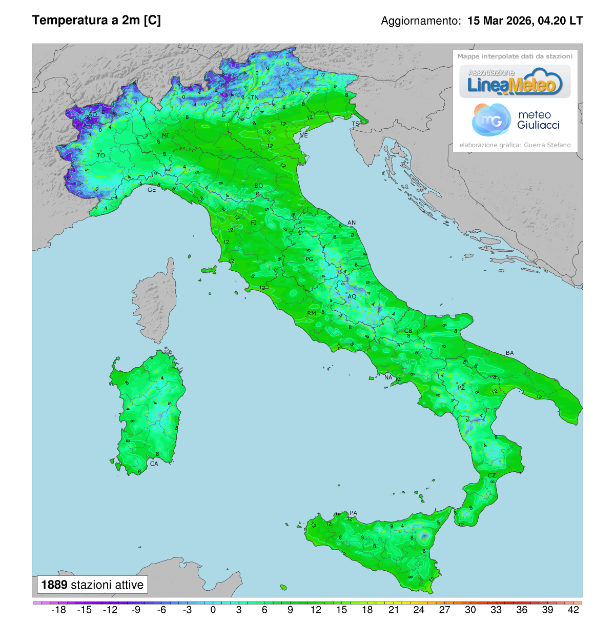 Temperature realtime al suolo 2 metri in Italia