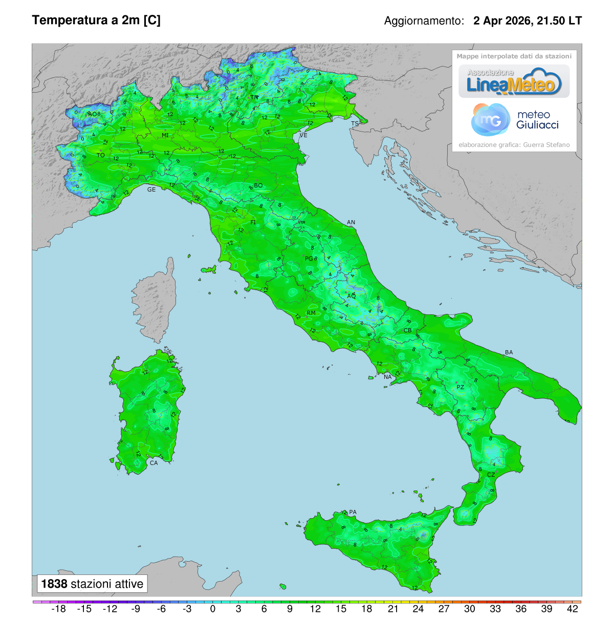 Temperature realtime al suolo 2 metri in Italia