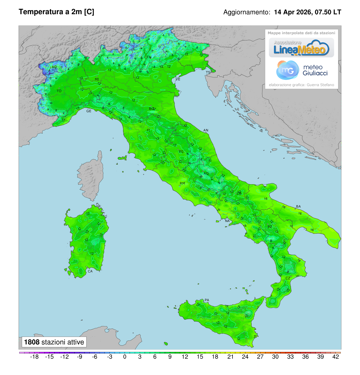Temperature realtime al suolo 2 metri in Italia