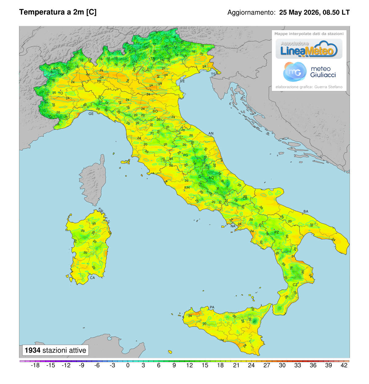 Temperature realtime al suolo 2 metri in Italia