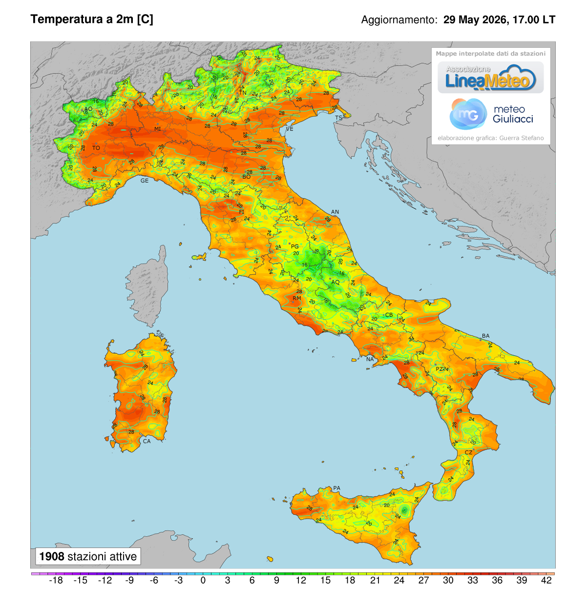 Temperature realtime al suolo 2 metri in Italia