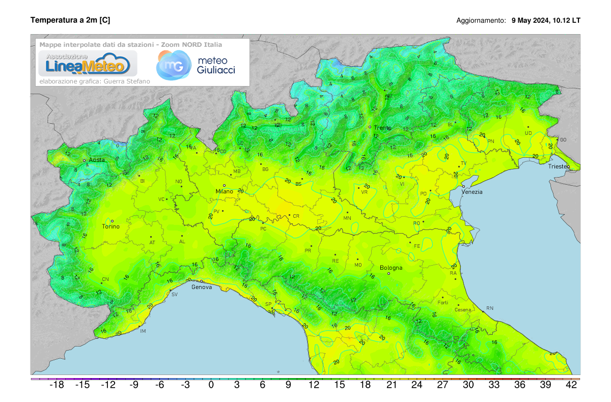 Temperature realtime al suolo 2 metri Nord Italia