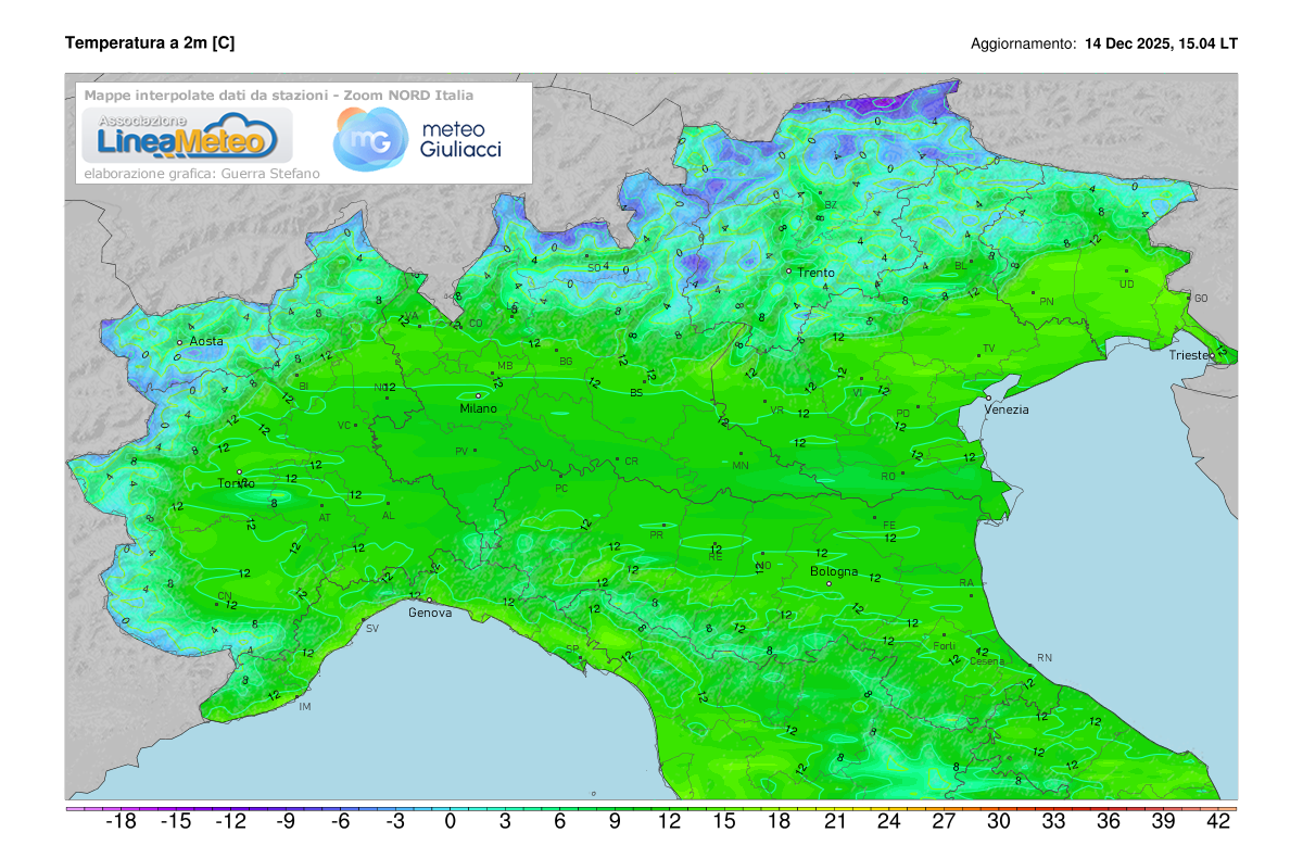 Temperature realtime al suolo 2 metri sulle regioni del nord