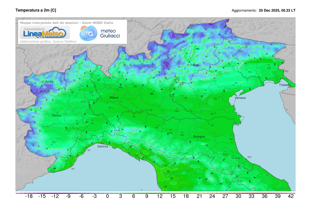 Temperature realtime al suolo 2 metri sulle regioni del nord