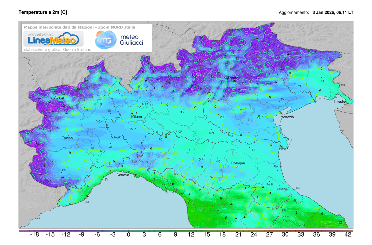 Temperature realtime al suolo 2 metri sulle regioni del nord